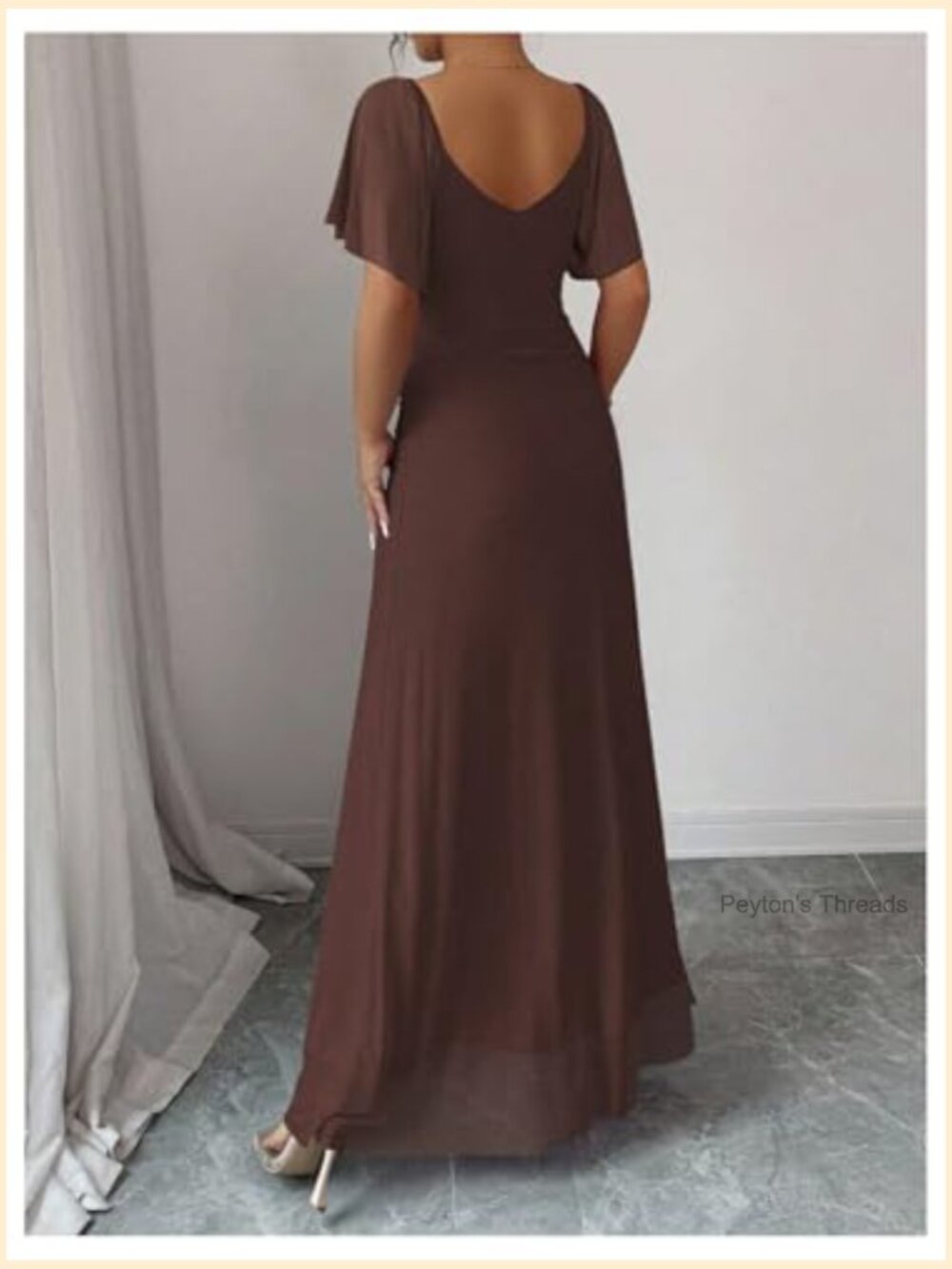 Women's Ruched Long Dress Split Thigh V Neck Short Sleeve Cocktail - Picture 2 of 5